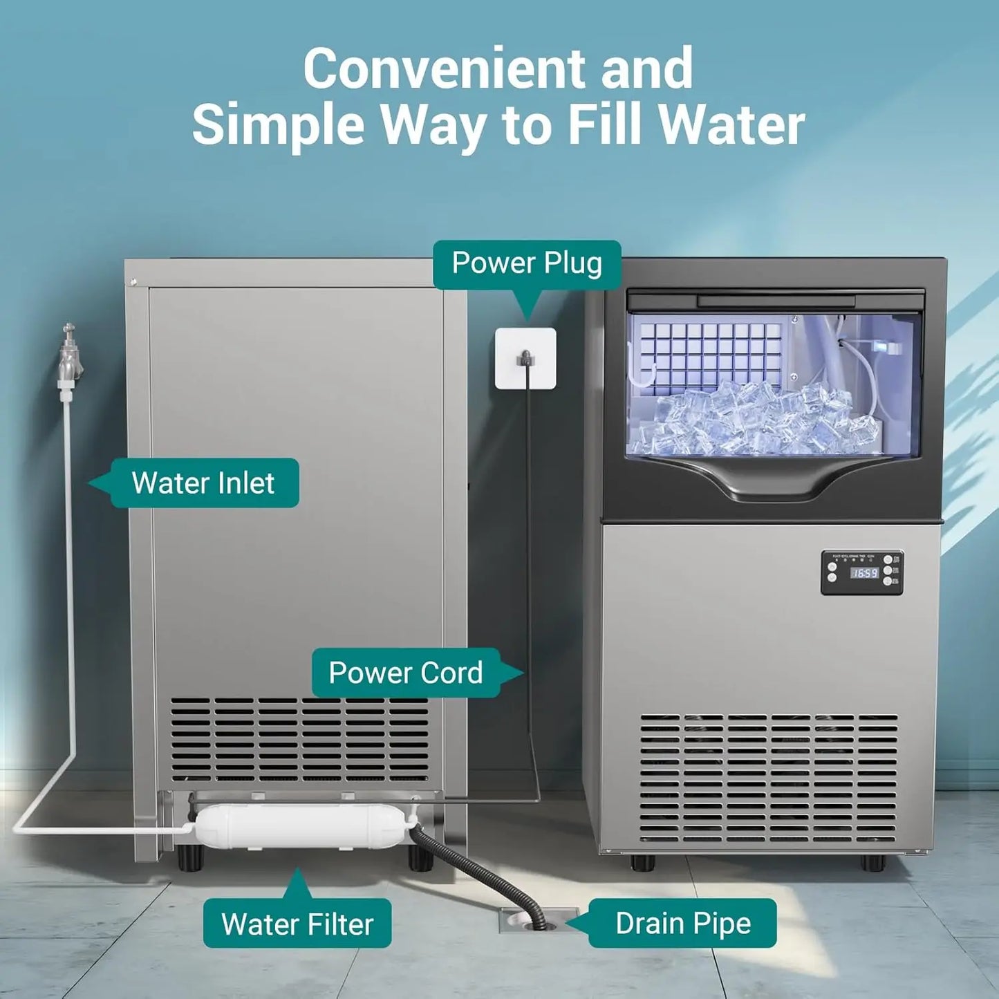 Commercial Ice Maker Machine 120 Lbs/24H Under Counter, Stainless Steel Freestanding Ice Machine, 45 Ice Cubes in 8-15 Minutes