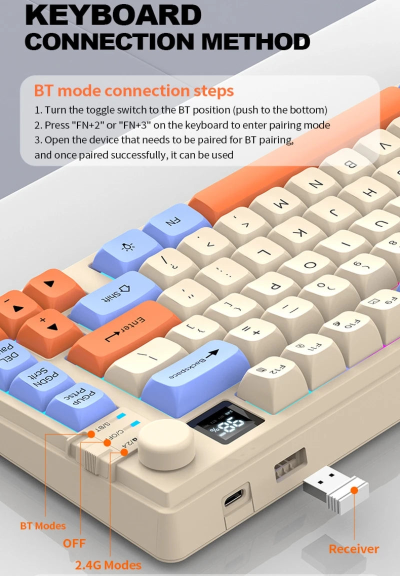 Wireless Keyboard 80 Key 80% Layout Spanish Russian Arabic Korean Keyboard Mouse Set Bluetooth 2.4G 2000mAh Type C K92 Backlight