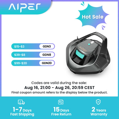 Refurbished Aiper Seagull SE Pool Vacuum Cordless Robotic Pool Cleaner with 100 Mins Runtime, Powerful 1320GPH Suction,Smart Self-Parking, Pool Vacuum for Above Ground Pools up to 860 Sq.ft