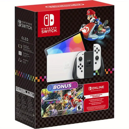 Nintendo Switch OLED Console Bundle with Mario Kart 8 Deluxe Game, White Joy-Con Controllers and Hybrid Gaming System