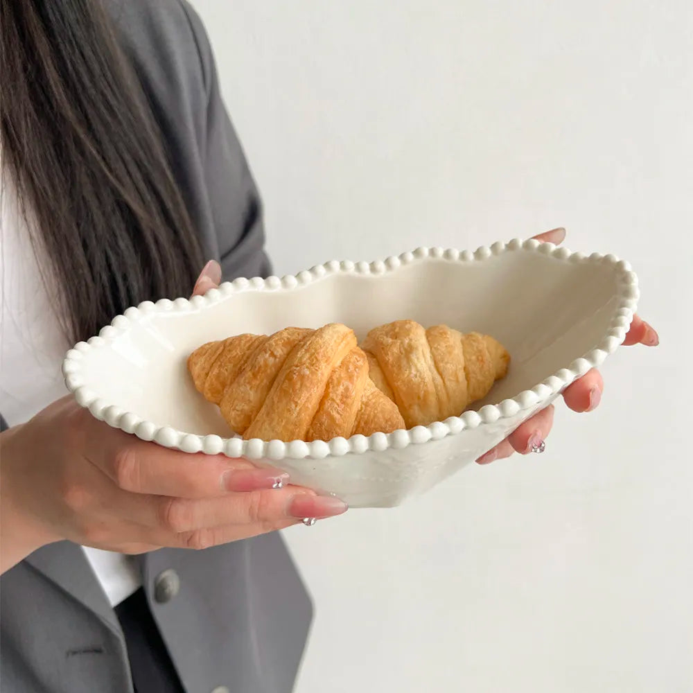 ColorValue White Pearl Ceramic Breakfast Plate Bowl Set Ins Style Elegant Tableware for Home Drining