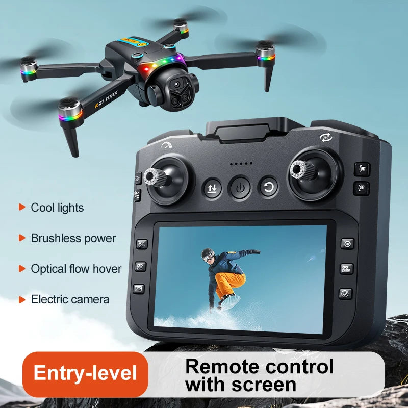 ZNLYRION RC Drone K21MAX Foldable Brushless Drone With Screen Remote EIS Dual Electric Camera Optical Flow Hover Colorful LED Light RC Quadcopter