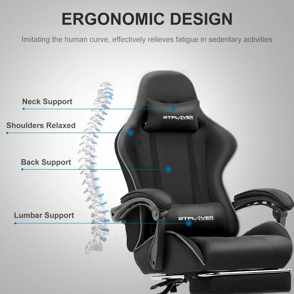 GTPLAYER Gaming Chair with Footrest, Lumbar Support, Adjustable Height, Swivel, Headrest for Office/Gaming