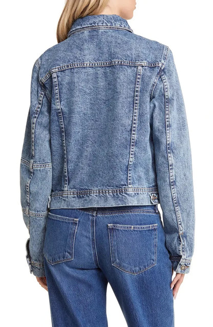 Casual Women's Denim Jacket Solid Blue Large Size Fashionable Gothic Style Button Belt Detail 100% Cotton