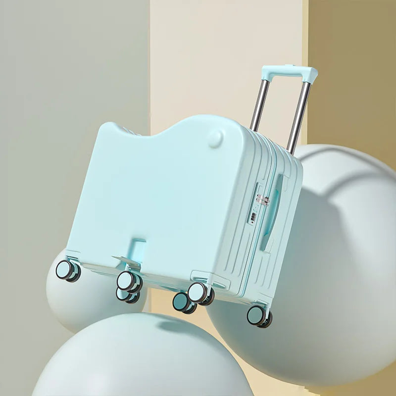 New Children's Luggage Can Sit and Ride With Hidden Cup Holders Footrest Design Durable Trolley Travel Password Box Seat Diva