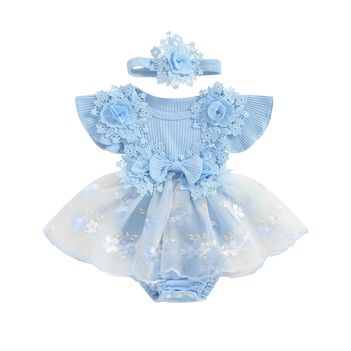Baby Girls' Floral Romper & Headband Set | Ruffle Details & Mesh Skirt | Birthdays, Portraits & Celebrations