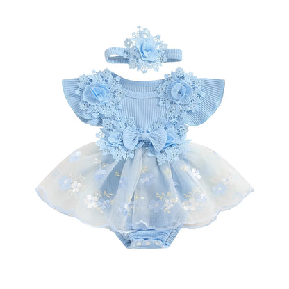 Baby Girls' Floral Romper & Headband Set | Ruffle Details & Mesh Skirt | Birthdays, Portraits & Celebrations