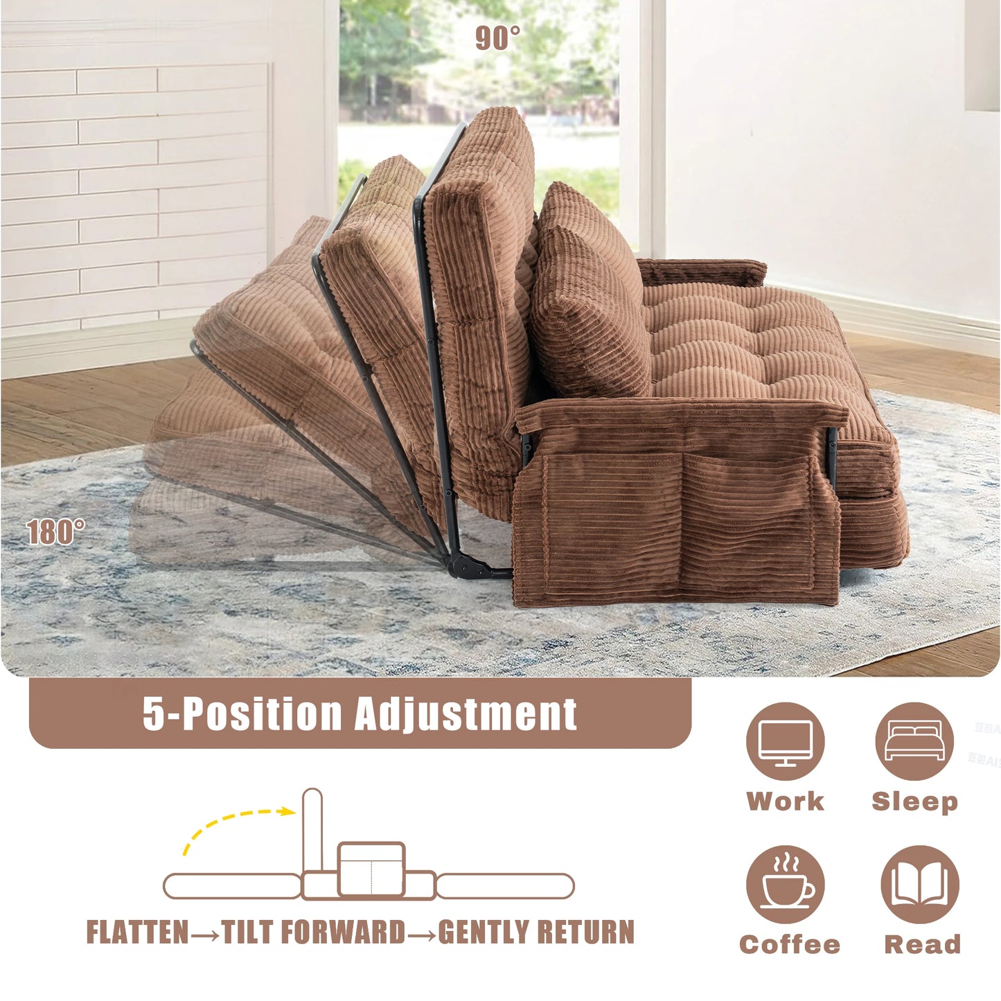 Brown Home Foldable Floor Lounge Sofa Bed, Double 5‑Position Adjustable Corduroy Couch with Armrest Side Pocket