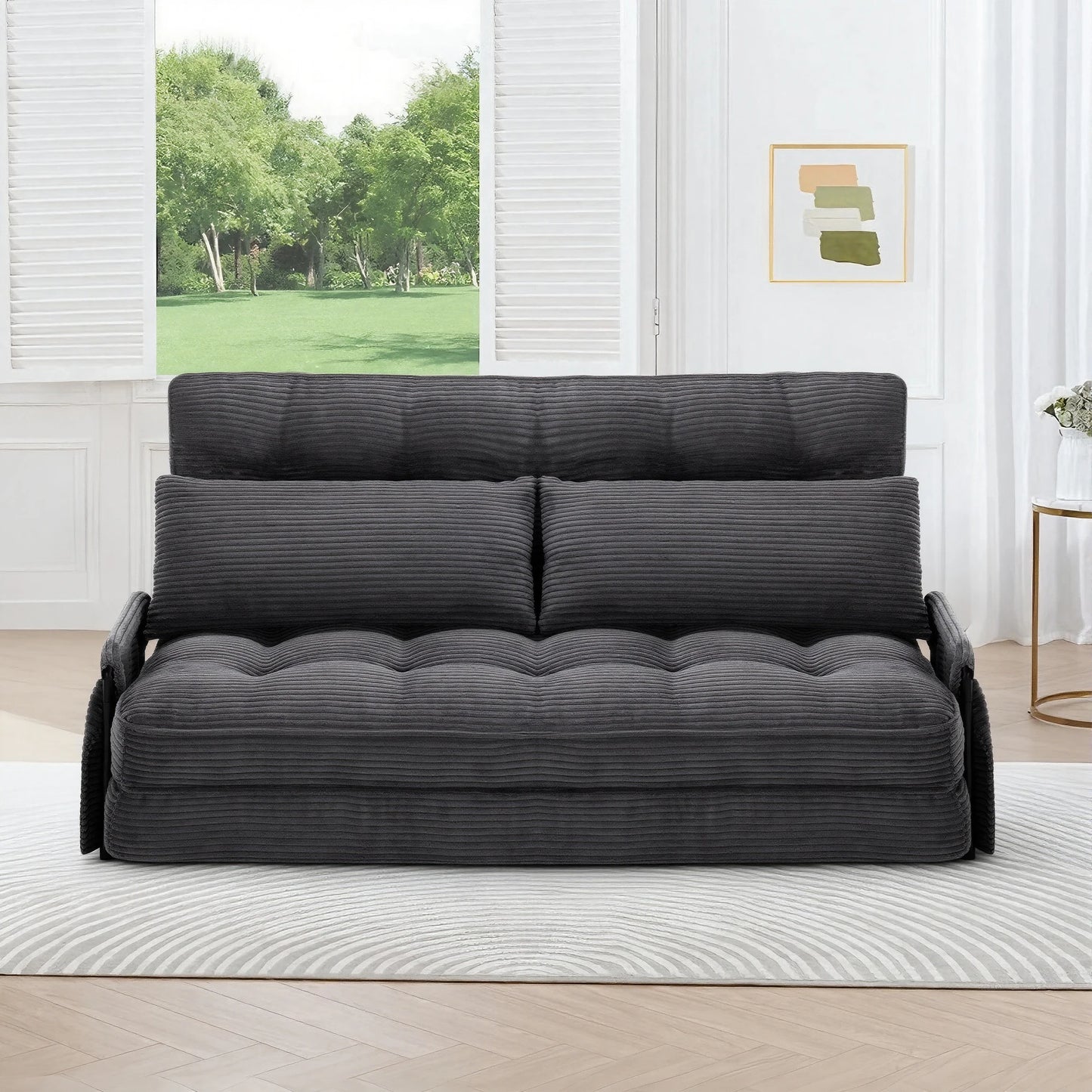 Dark grey 5‑Position Adjustable Foldable Floor Sofa Bed, Double Size Corduroy Lounge Sofa with Side Storage Pocket