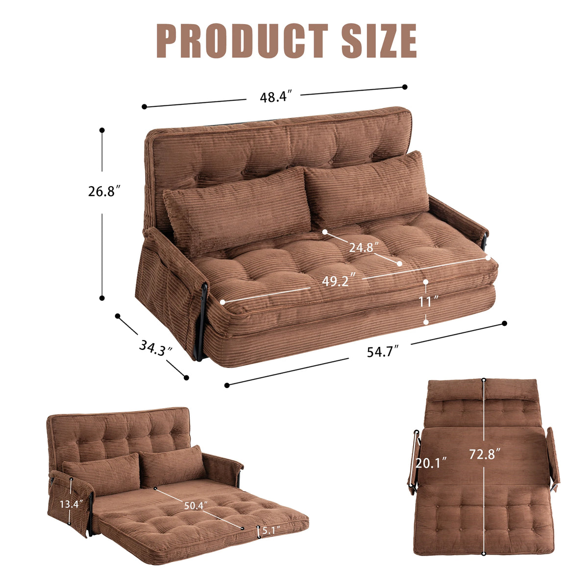 Brown Home Foldable Floor Lounge Sofa Bed, Double 5‑Position Adjustable Corduroy Couch with Armrest Side Pocket