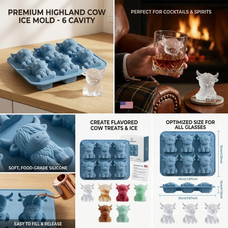 6‑Cavity Highland Cow Ice Cube Mold Food‑Grade Silicone 3D Cow Ice Tray Reusable Ice Maker Mould for Whiskey Cocktail Drinks Chocolate Candy