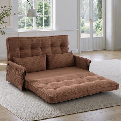 Brown Home Foldable Floor Lounge Sofa Bed, Double 5‑Position Adjustable Corduroy Couch with Armrest Side Pocket