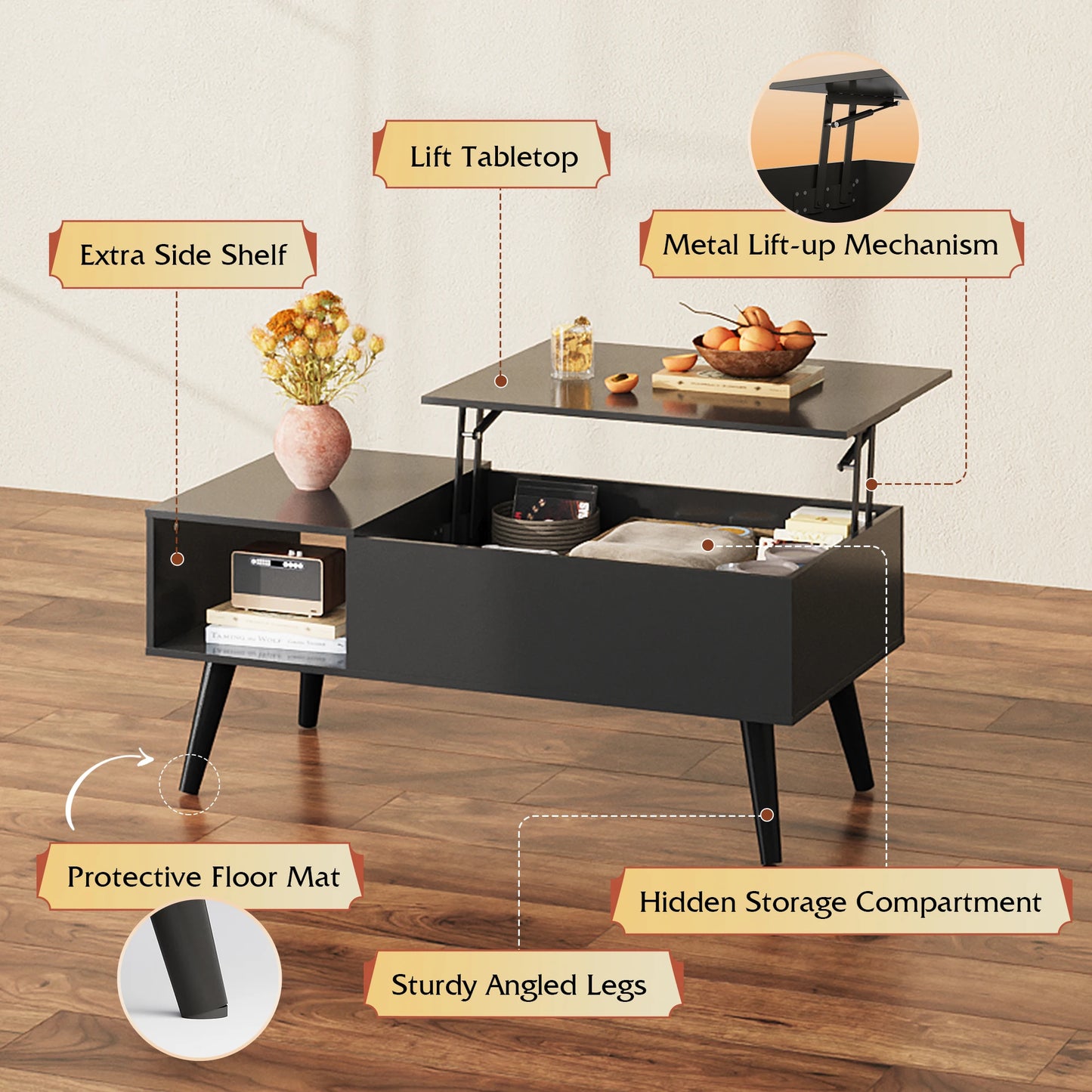 Lift Top Coffee Table with Hidden Storage, Black Mid Century Modern Wooden Coffee Table, for Dining/Living Rooms/Offices; 39.4"W x 19.7"D x 16.9"H