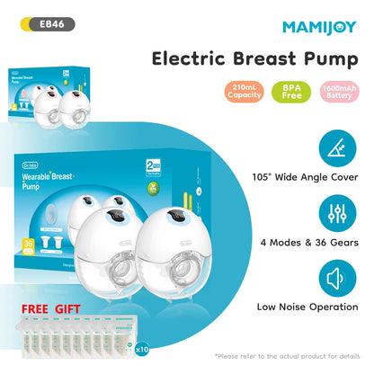 MAMIJOY Wearable Electric Breast Pump 2PCS 4Modes & 36Levels Hands Free Low Niose 210mlCapaciy Gift 10PCS Milk Storage Bag EB46D