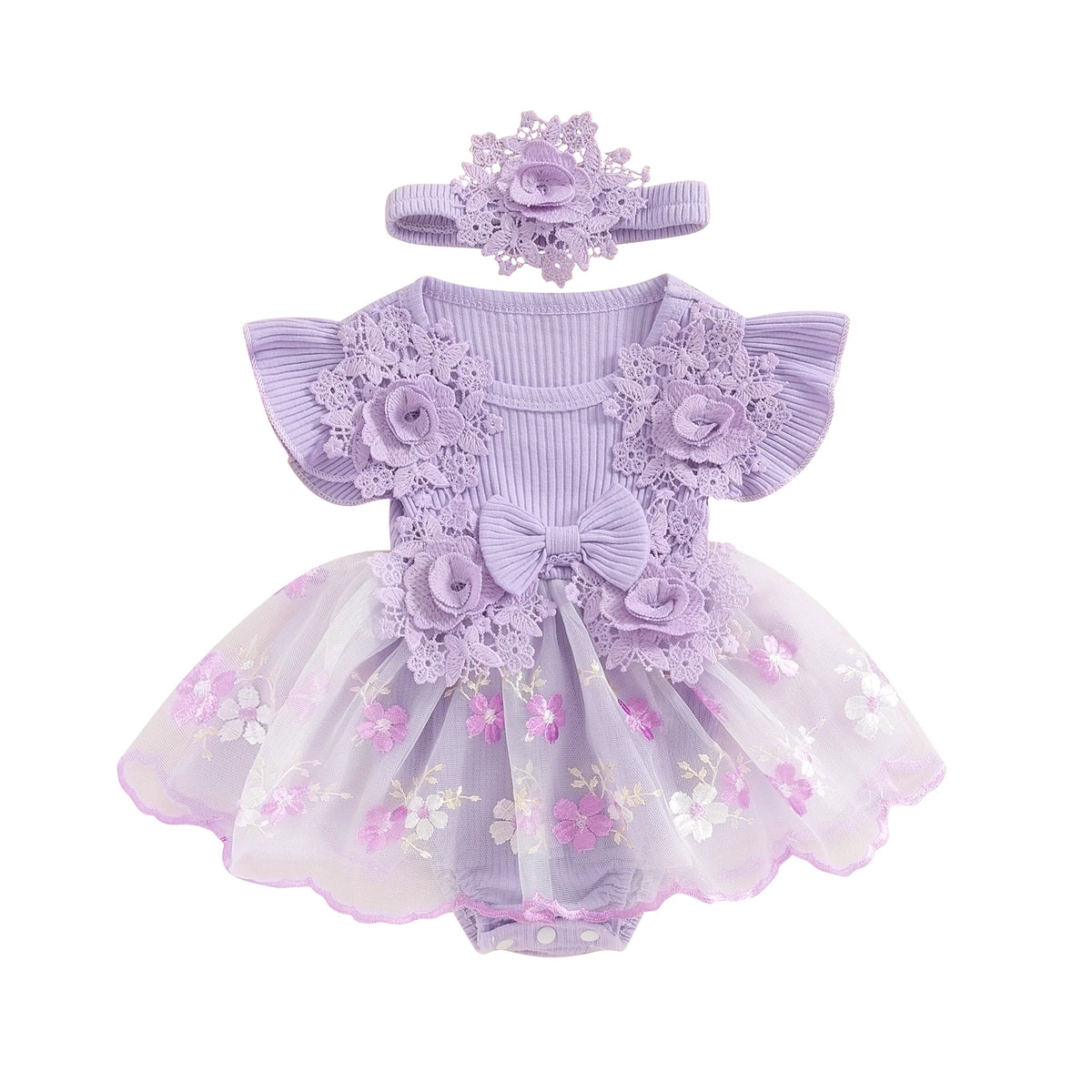 Baby Girls' Floral Romper & Headband Set | Ruffle Details & Mesh Skirt | Birthdays, Portraits & Celebrations