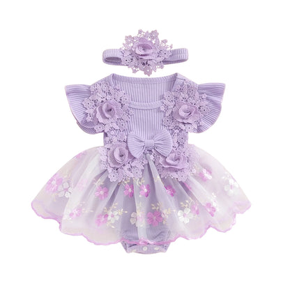 Baby Girls' Floral Romper & Headband Set | Ruffle Details & Mesh Skirt | Birthdays, Portraits & Celebrations