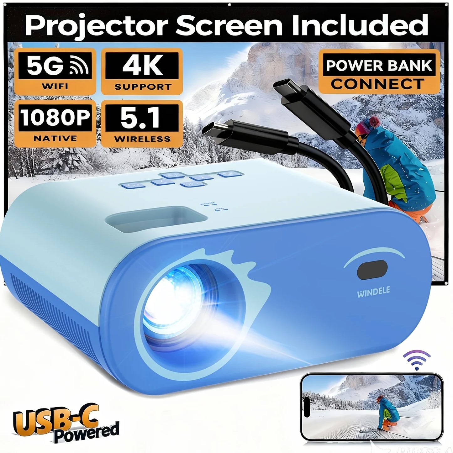 1080P Full HD Portable Projector, Bluetooth Movie Projector With Projector Screen, Compatible with TV Stick/Smartphone/HDMI/USB