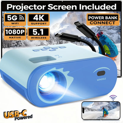 1080P Full HD Portable Projector, Bluetooth Movie Projector With Projector Screen, Compatible with TV Stick/Smartphone/HDMI/USB