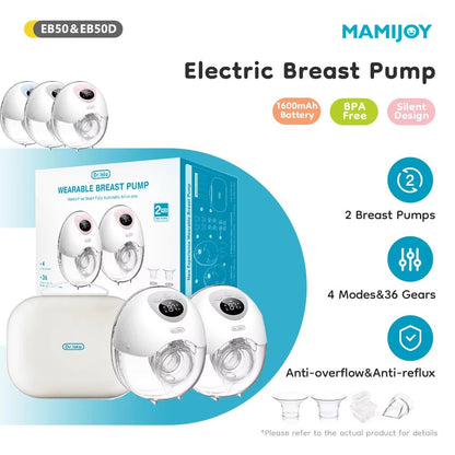 MAMIJOY Wearable Electric Breast Pump 4 Modes 36 Suction Levels Hands Free 35dB Low Noise Breast Pumps Breastfeeding EB50＆EB50D