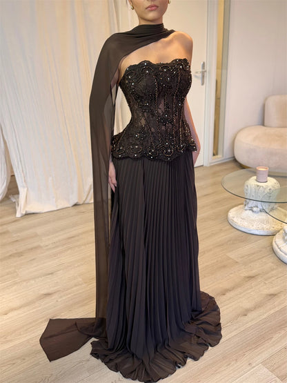 Mila Customized Pleated Strapless Beaded A-Line Prom Dress With Shawl Corset Formal Evening Floor-Length Vestidos De Fiesta 2026