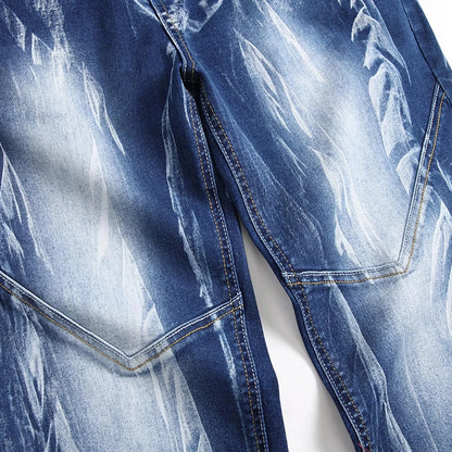 High Street Men's Straight Denim Jeans 100% Cotton Mid Waist Lightweight Knitted Breathable Garment Dyed Distressed Zipper Sizes