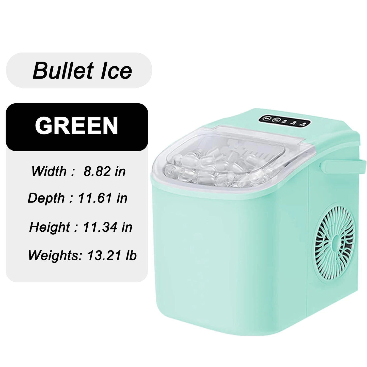 Portable ice maker that produces 9 ice cubes in 6 minutes. Daily ice production capacity: 35 pounds.GREEN