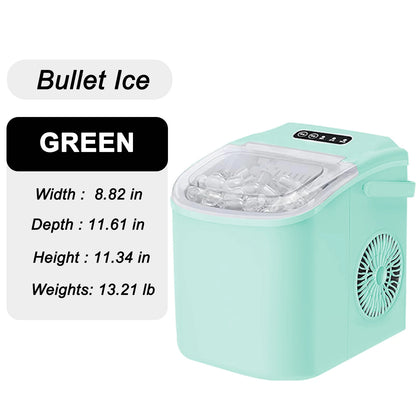 Portable ice maker that produces 9 ice cubes in 6 minutes. Daily ice production capacity: 35 pounds.GREEN