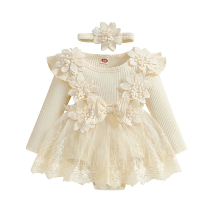 Baby Girls' Floral Romper & Headband Set | Ruffle Details & Mesh Skirt | Birthdays, Portraits & Celebrations