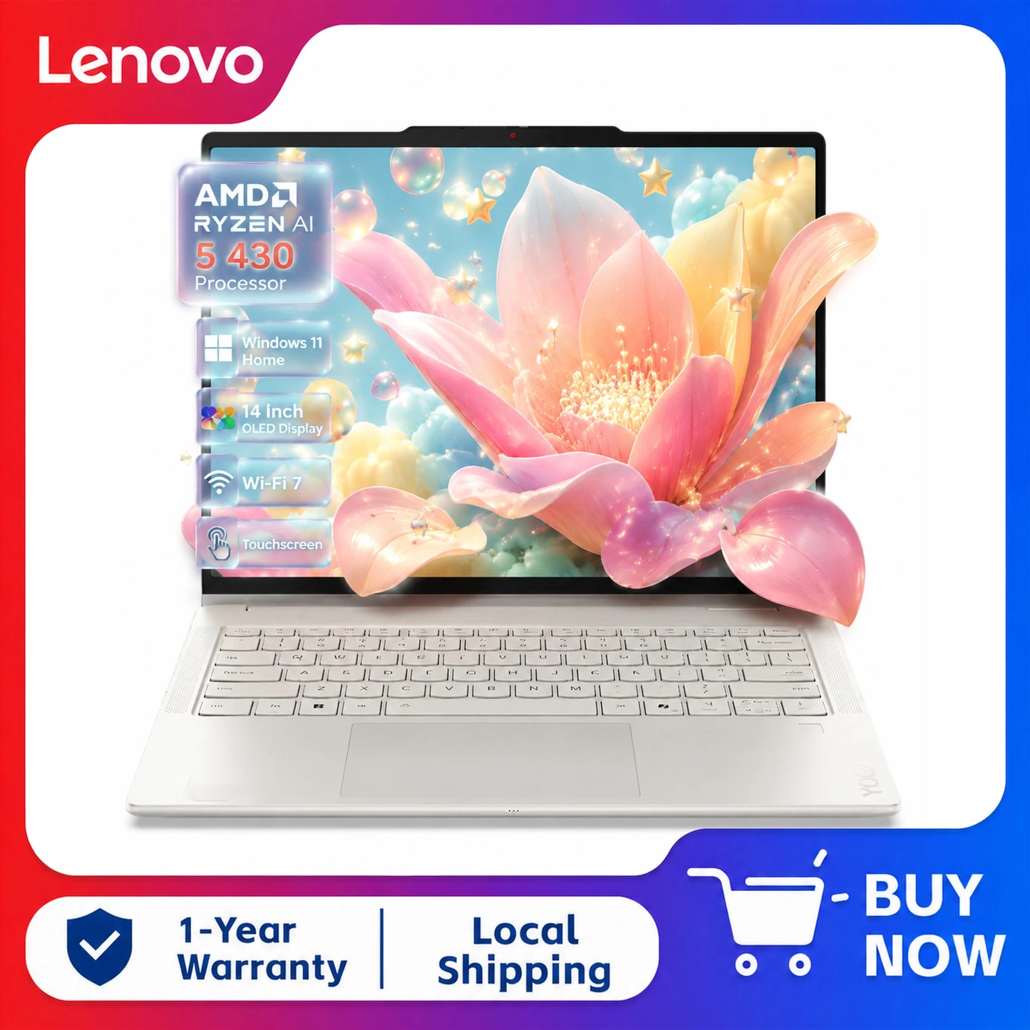 Lenovo Yoga 7a 2-in-1 Laptop, 14'' 2K OLED Touchscreen, AMD Ryzen AI 5 430 Processor, Up to 64GB DDR5 RAM, 2TB SSD, Copilot+ AI PC, Wi-Fi 7, Windows 11, Seashell