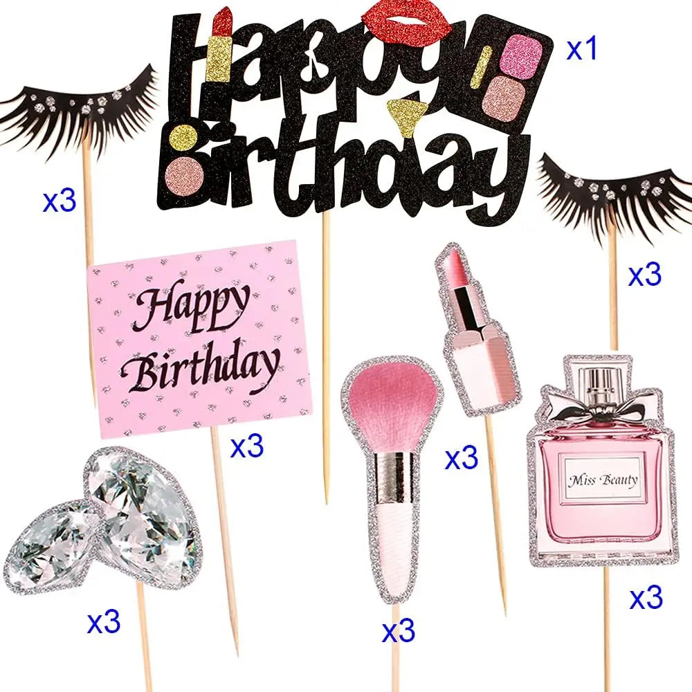 22Pcs Makeup Cake Topper, Lipstick Perfume Eyelash Diamond Brush Cosmetic Cupcake Toppers Decoration for Birthday Party Supplies
