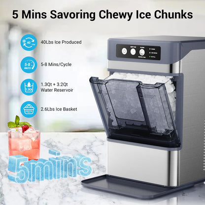 Nugget Ice Maker Countertop with Side Water Tank 40lbs/Day Self-Cleaning Pebble Ice Maker Machine Soft Chewable Pellet Ice