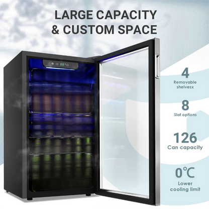 EKOJUCE Beverage Refrigerator and Cooler, 126 Can Mini fridge with Glass Door, Small Refrigerator with Adjustable Shelves for Soda Drinks or coco, Perfect for Home/Ba r/Office (Black/Sliver Steel)