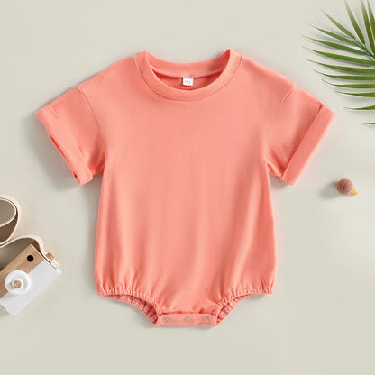 Baby Boy Girl Solid Color Short Sleeve Bubble Romper Oversized T-Shirt Bodysuit Top Summer Baby Jumpsuits Clothes