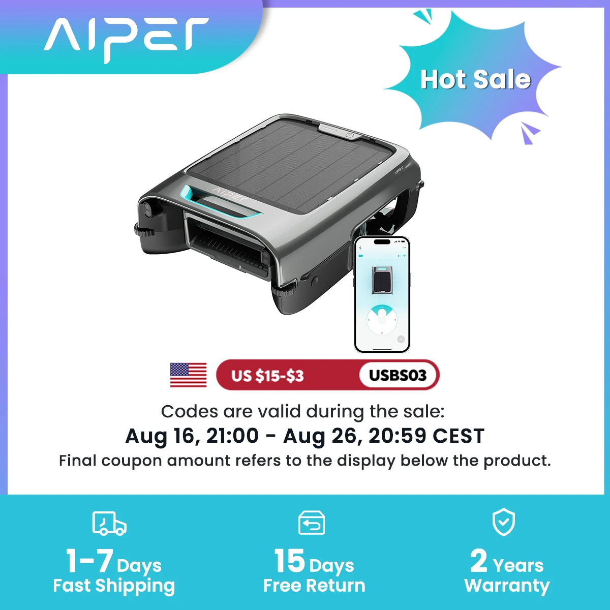 AIPER EcoSurfer S2 Solar Pool Skimmer Robot 24/7 Continuous Cleaning, Gray | App Support, Dual Charging Modes, Smart Obstacle Avoidance, 150-um Filtration, OTA Upgrade, Leak-Proof Baffle, Edge Cleaning,Refurbished