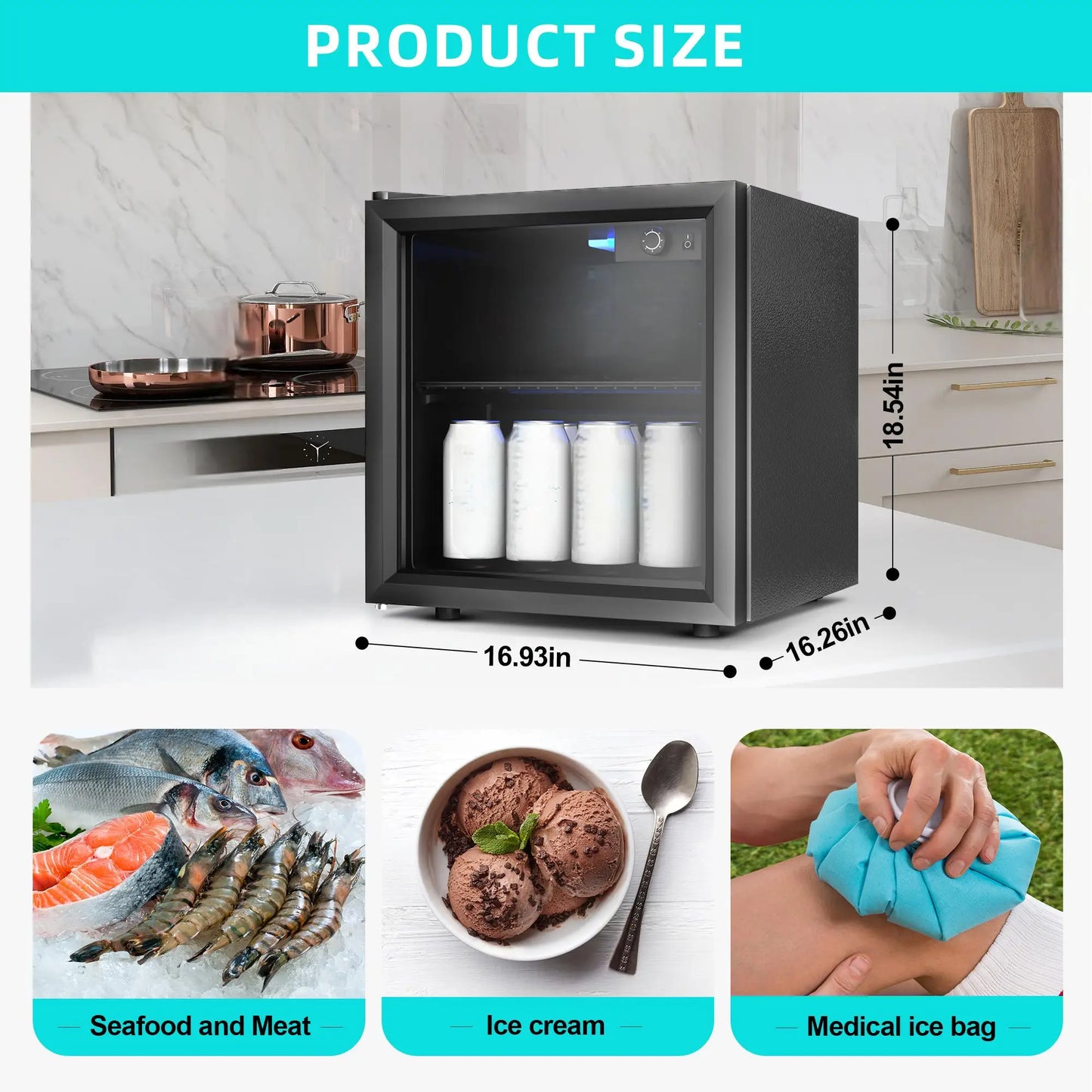 EKOJUCE  Mini Fridge with Glass Door | Countertop Beverage Cooler for Beer, Drinks, Wines with Adjustable Shelves and Blue LED Light for Home, Office, Dorm, Bar