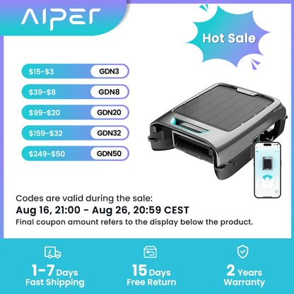 Refurbished AIPER EcoSurfer S2 Solar Powered Pool Surface Skimmer Robot with APP Support, 24/7 Continuous Cleaning, Dual Charging Modes, Smart Obstacle Avoidance, 150-um Filtration, OTA Upgrade
