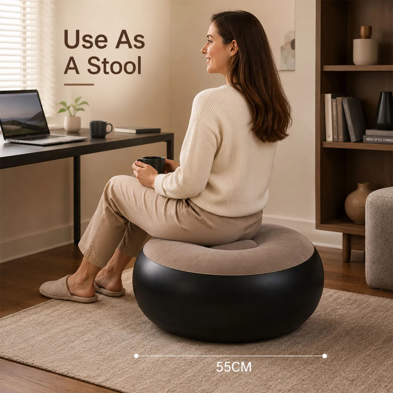 1PC Inflatable Foot Stool Ottoman Round Air Footrest Pouf Portable Seat Sofa Chair 2-in-1 Footrest & Extra Seating Lightweight