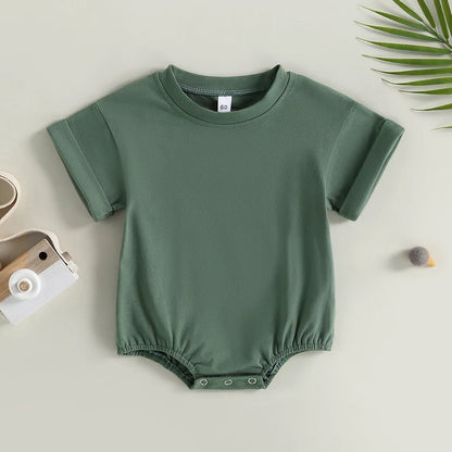 Baby Boy Girl Solid Color Short Sleeve Bubble Romper Oversized T-Shirt Bodysuit Top Summer Baby Jumpsuits Clothes