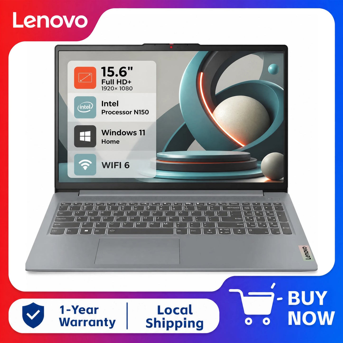 Lenovo IdeaPad Slim 3i 15.6" Full HD Laptop, Intel N150, 8GB RAM, 128 UFS, Windows 11 Home, Arctic Grey