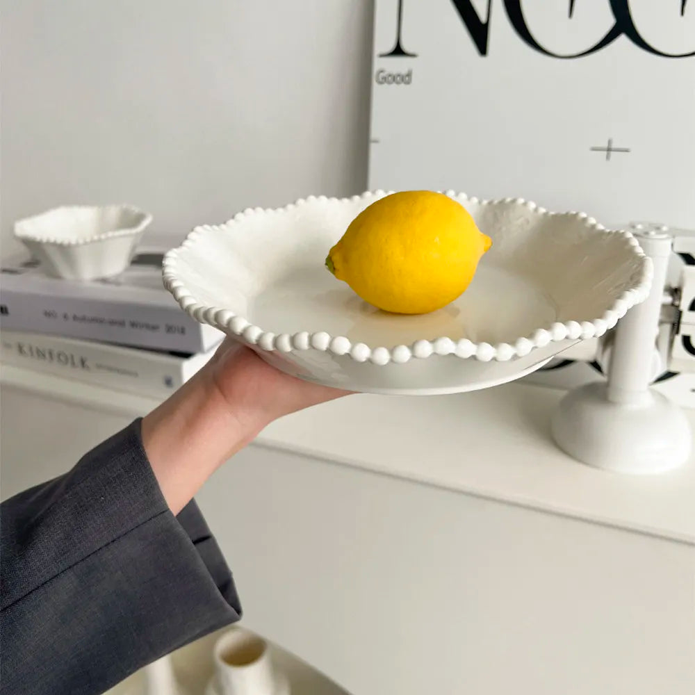 ColorValue White Pearl Ceramic Breakfast Plate Bowl Set Ins Style Elegant Tableware for Home Drining
