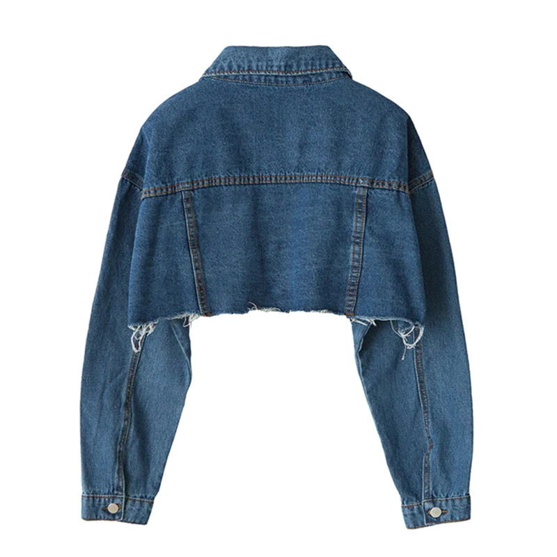 2025 Autumn Women Denim Jacket Casual Skinny Outwear Short Ripped Jeans Coat Long Sleeve Fashion Leopard Button Diamonds