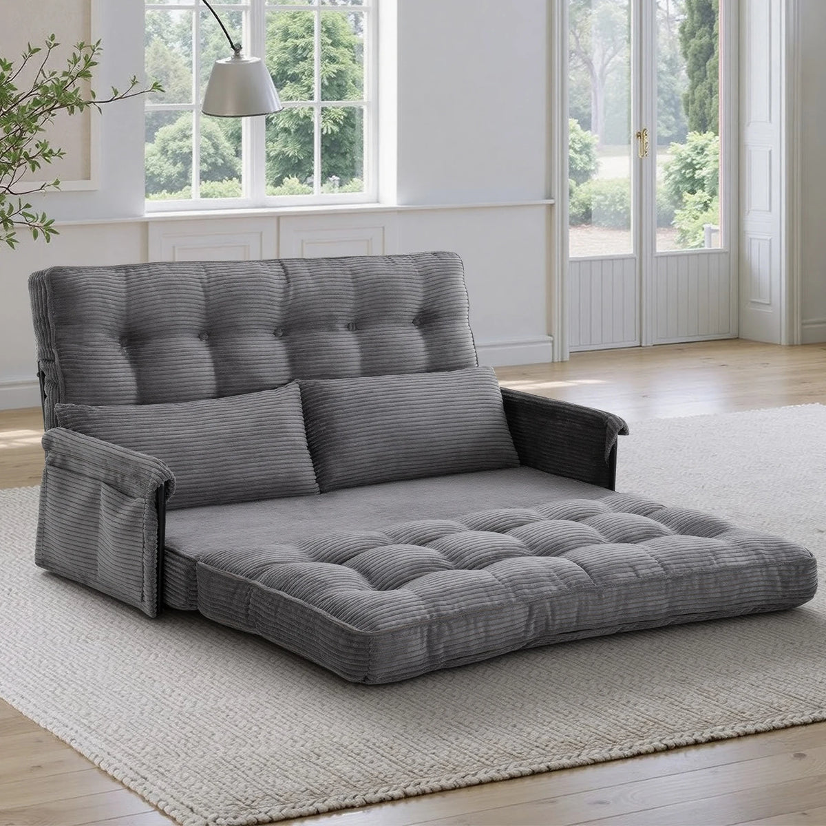 Dark grey 5‑Position Adjustable Foldable Floor Sofa Bed, Double Size Corduroy Lounge Sofa with Side Storage Pocket