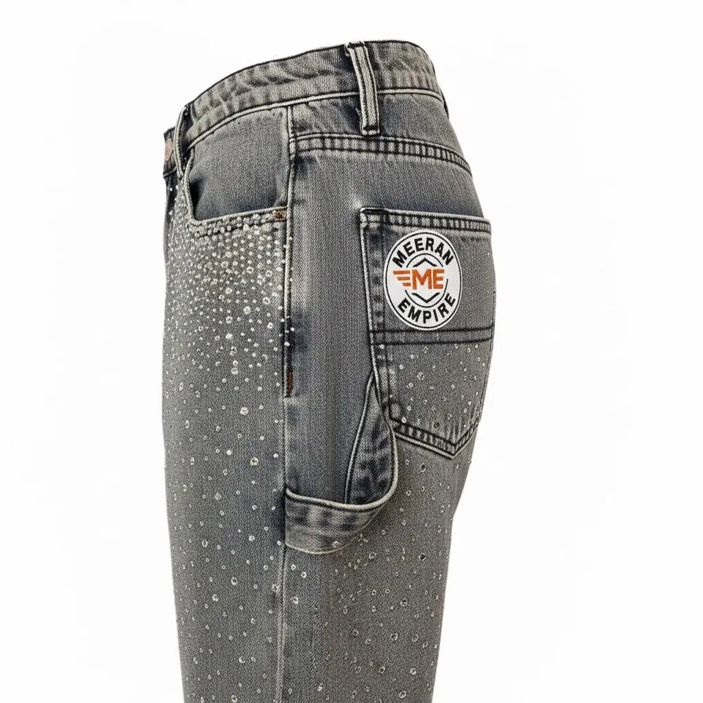 Custom 2025 Oversized Acid Wash Diamond Crystal Denim Shorts Jeans Streetwear Rhinestone Baggy Shorts Men