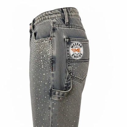 Custom 2025 Oversized Acid Wash Diamond Crystal Denim Shorts Jeans Streetwear Rhinestone Baggy Shorts Men