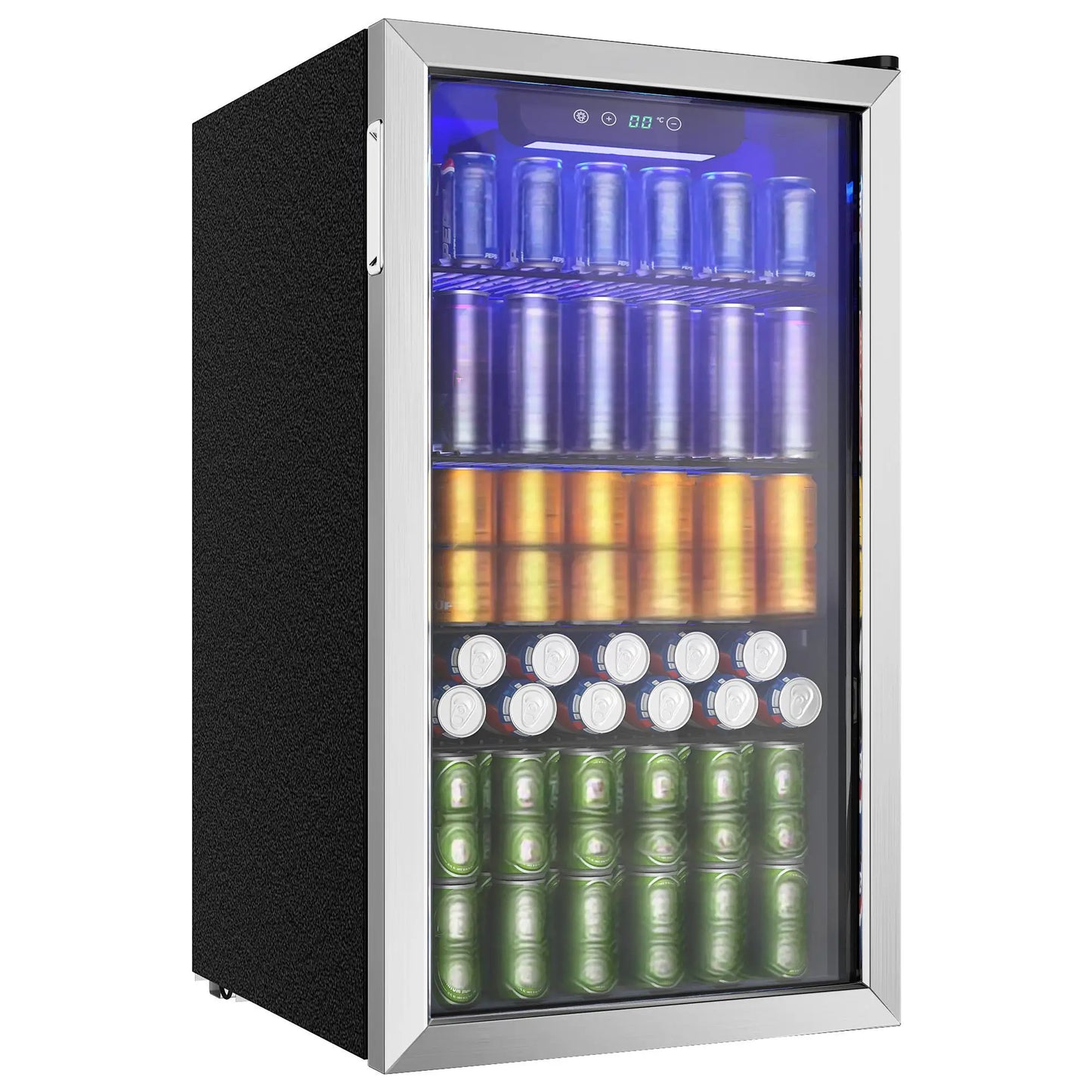 EKOJUCE Beverage Refrigerator and Cooler, 126 Can Mini fridge with Glass Door, Small Refrigerator with Adjustable Shelves for Soda Drinks or coco, Perfect for Home/Ba r/Office (Black/Sliver Steel)