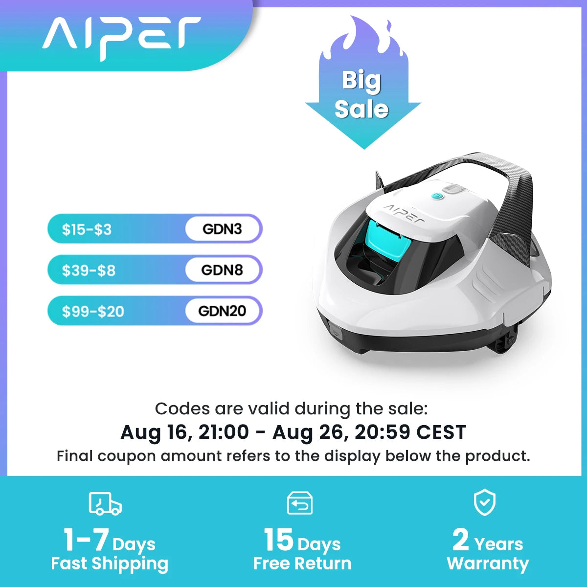 Seagull SE 2025 AIPER Cordless  Pool Robot Cleaner with 1200GPH Strong Suction, 90 Mins Runtime, LED Indicator,Pool Vacuum for Above-Ground Pool up to 40 Feet, Refurbished,White