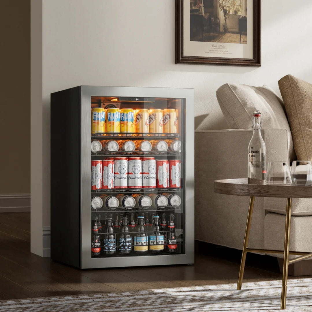 beverage cooler 3.1/3.35/4.59 cu.ft 88/95/130L Single temperature zone Direct cooling beverage/beer refrigerator Built in LED ambient-lighting light Perfect for kitchen/living room/office area/bar counter and other occasions