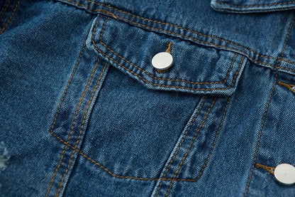 2025 Autumn Women Denim Jacket Casual Skinny Outwear Short Ripped Jeans Coat Long Sleeve Fashion Leopard Button Diamonds