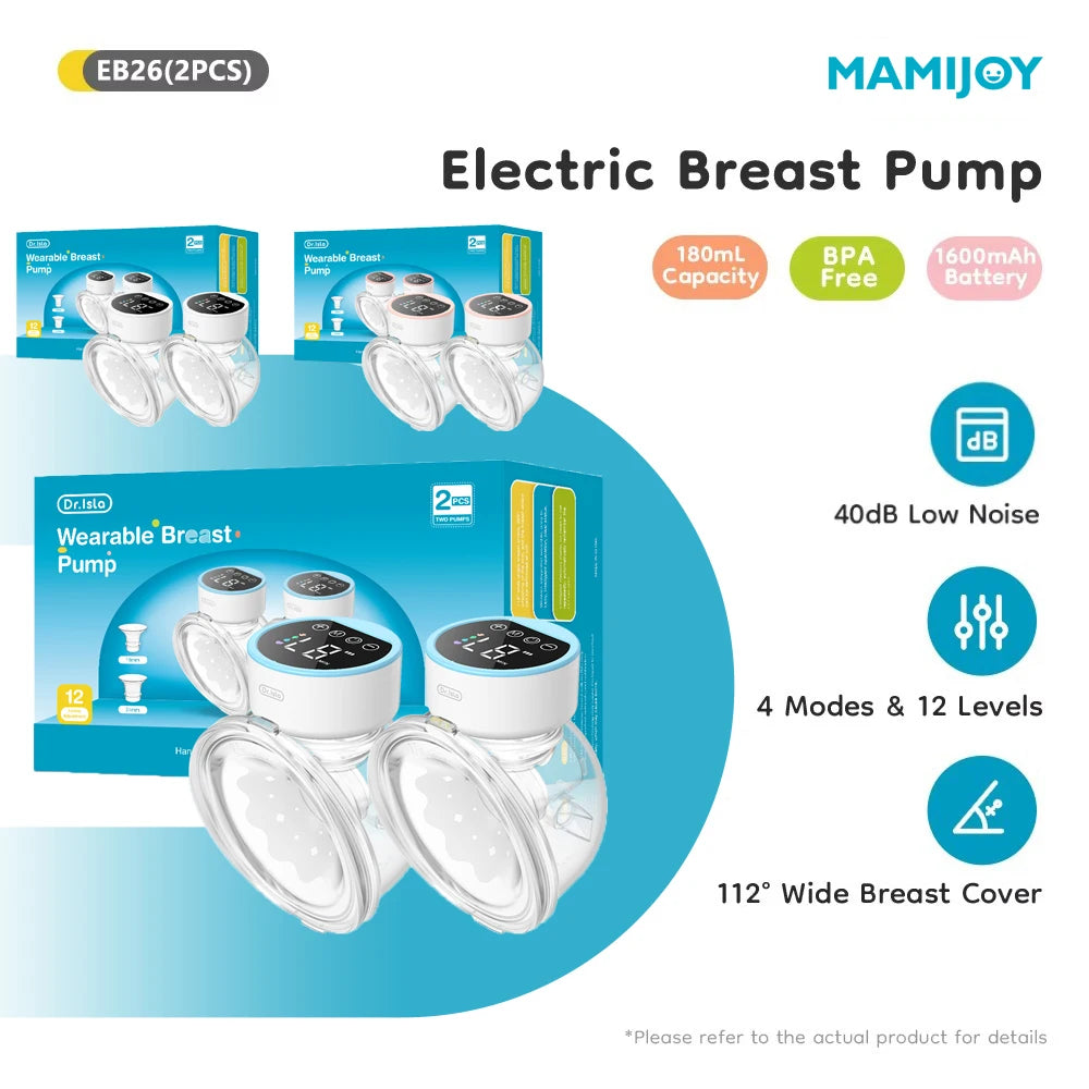 MAMIJOY 2PCS Wearable Electric Breast Pumps 4 Modes＆12 Levels Hands Free Breast Pump 40dB Low Noise Free 19/24mm Flange DEB26D
