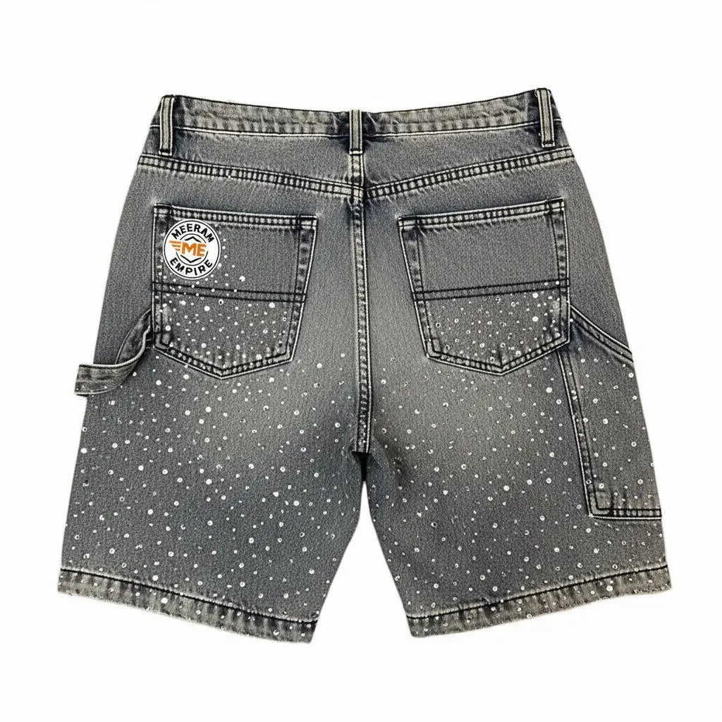 Custom 2025 Oversized Acid Wash Diamond Crystal Denim Shorts Jeans Streetwear Rhinestone Baggy Shorts Men